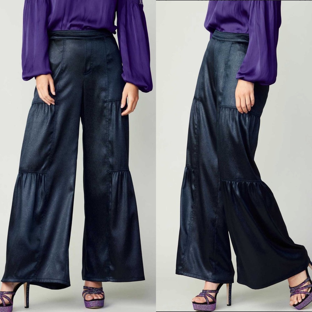 NWT Anthropologie Navy Blue Satin Elegant Wide-Leg Pants Size Large